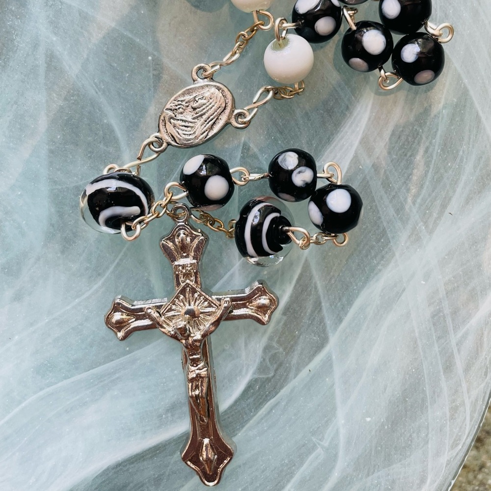 Rosary Heirloom hand turned black white & silver First Communion orConfirmation